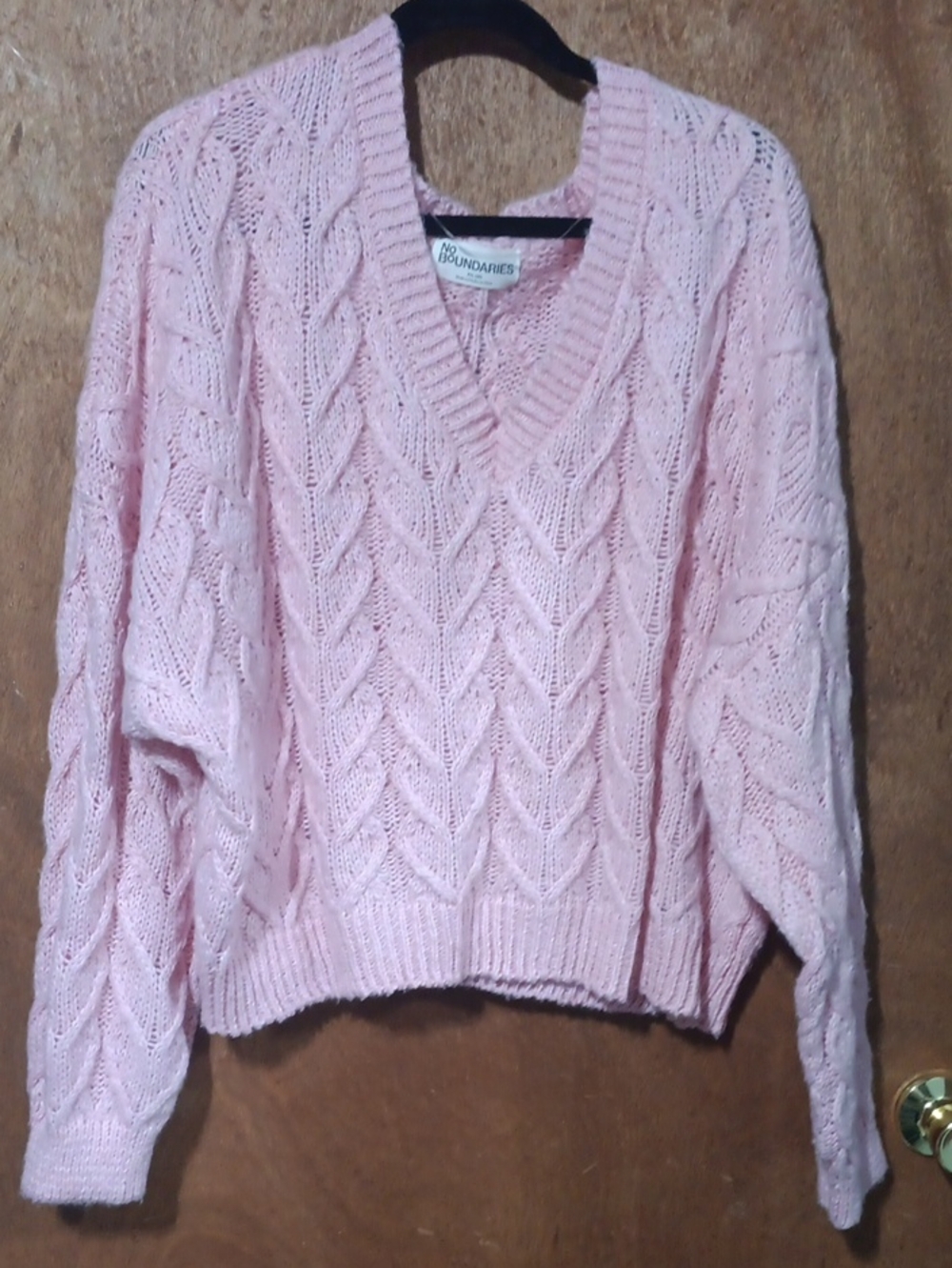 No Boundaries Light Pink Cable V-Neck Sweater